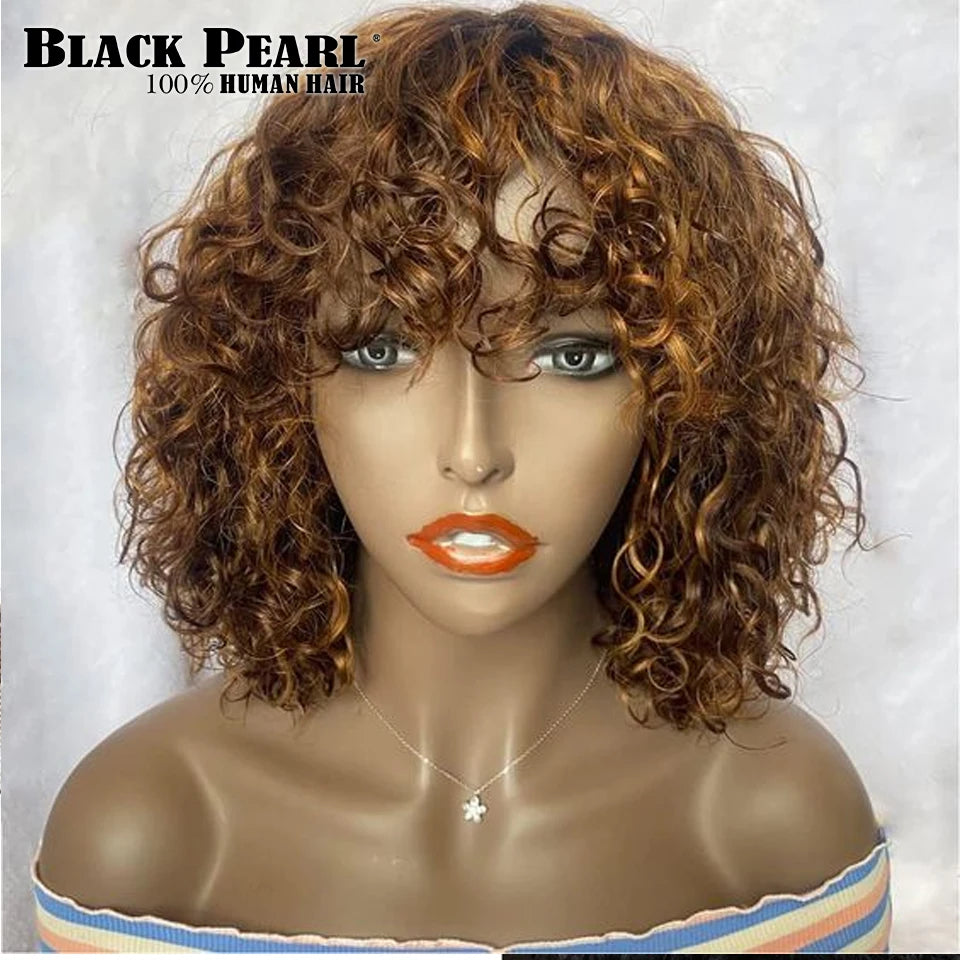 Deep Wave Short Bob Human Hair Wigs With Bangs Curly Wig Mix Brown