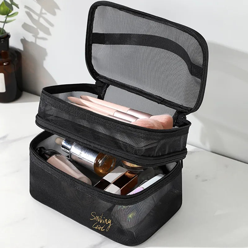 Large-Capacity Black Mesh Makeup Case Organizer Storage Pouch