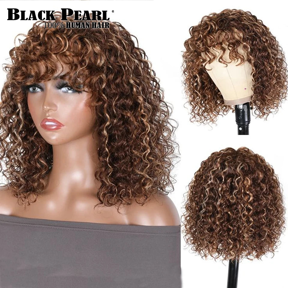 Deep Wave Short Bob Human Hair Wigs With Bangs Curly Wig Mix Brown