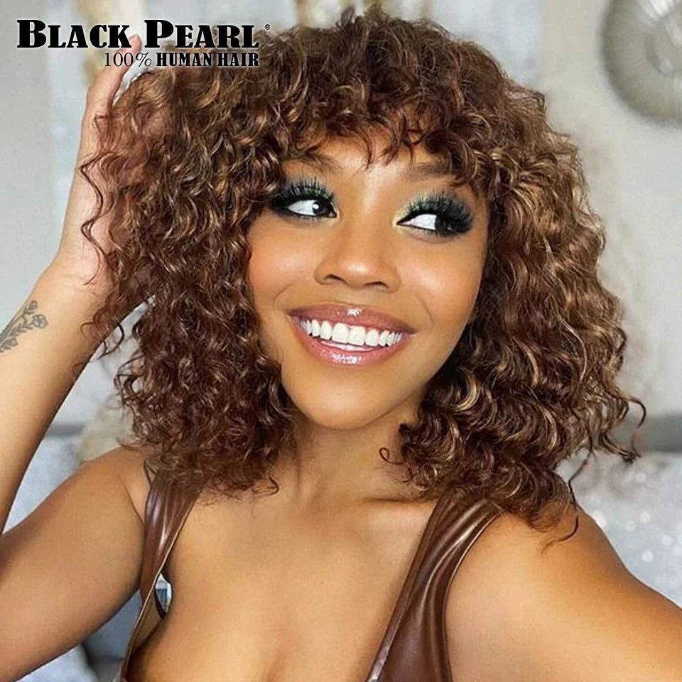 Deep Wave Short Bob Human Hair Wigs With Bangs Curly Wig Mix Brown