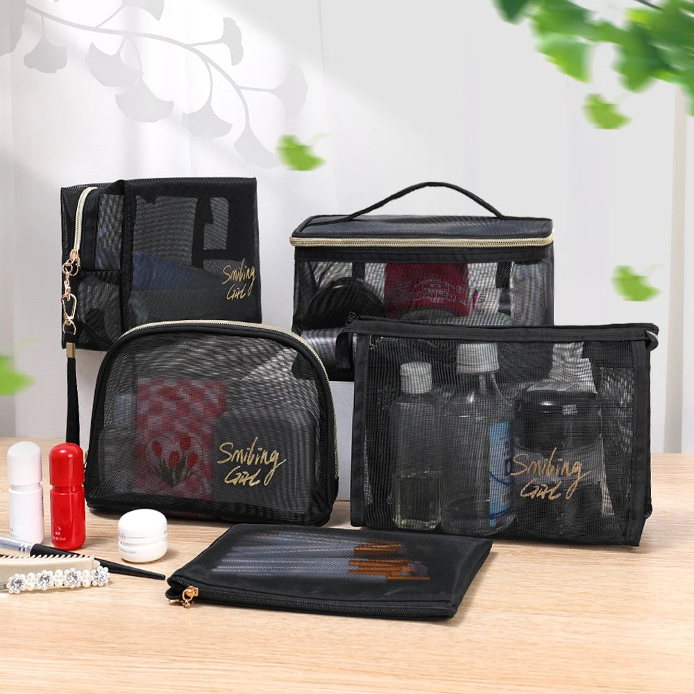 Large-Capacity Black Mesh Makeup Case Organizer Storage Pouch